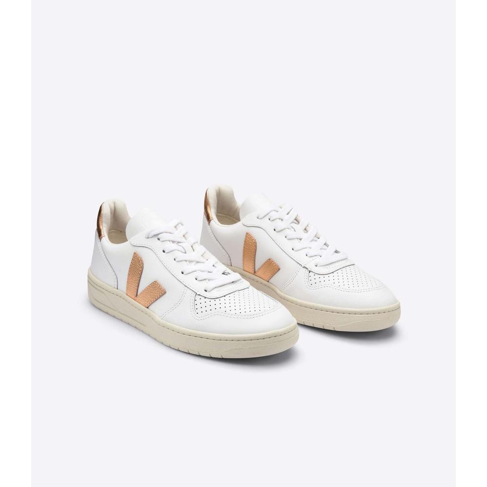 Tenis Veja V-10 LEATHER Feminino White/Gold | PT346TCE